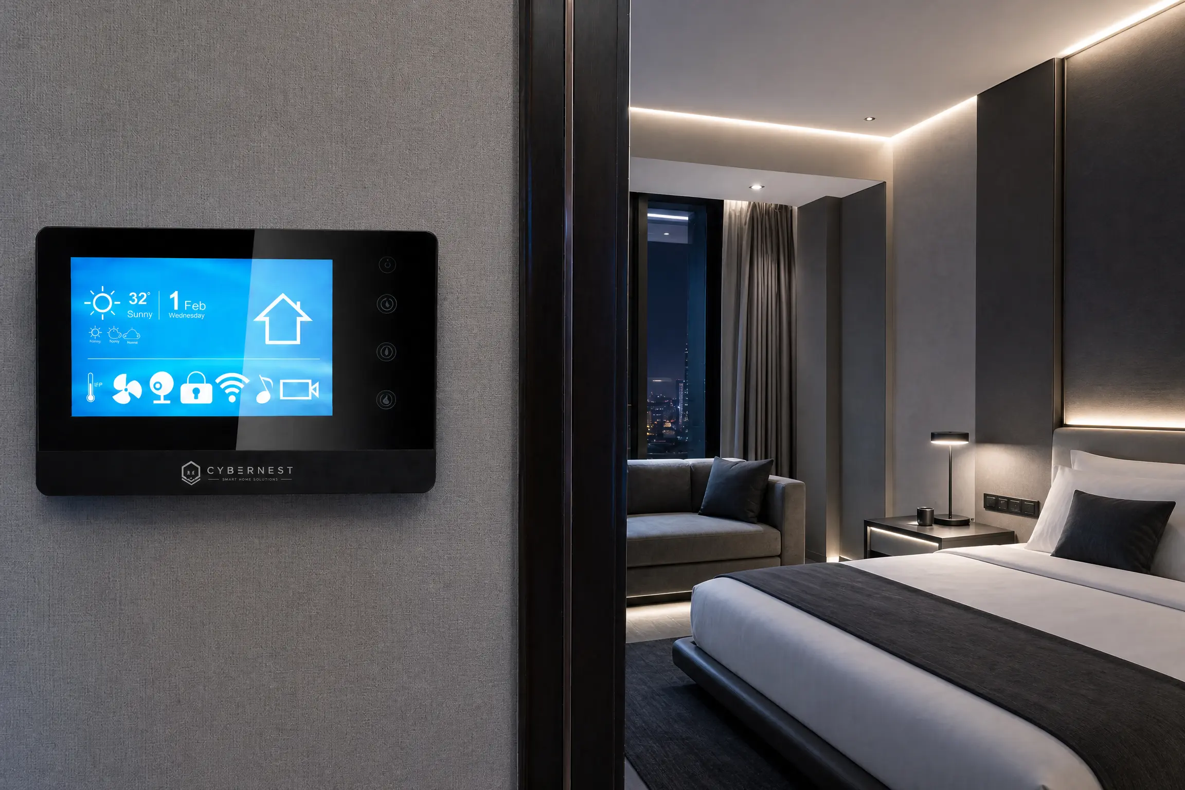 Modern bedroom with automated lighting